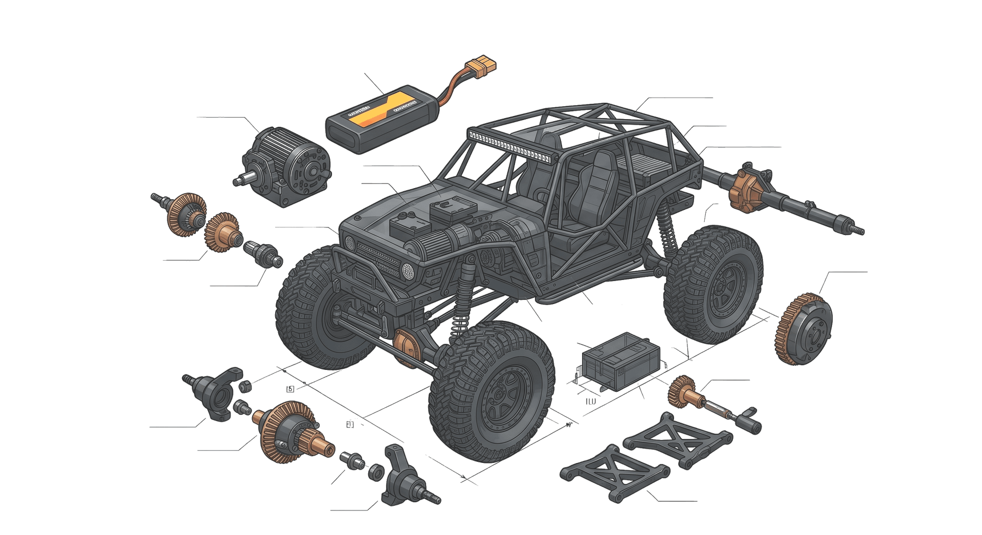 Exploded view of an RC buggy
